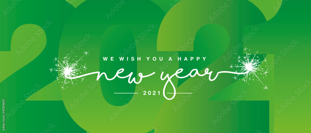 We wish you Happy New Year 2021 line designed handwritten lettering white green background with sparkle firework - obrazy, fototapety, plakaty 