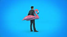 Businessman On Inflatable Pink Flamingo. Vacation Concept. 3d Rendering	
