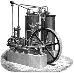 Wall Mural - Vertikal twin engine with valve control. Illustration of the 19th century. Germany. White background.