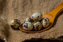 Quail Eggs On Burlap. Healthy Food. Quail Eggs On A Wooden Spoon