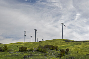 Wind farm in Montenegro. Eco power. Wind turbines generating electricity