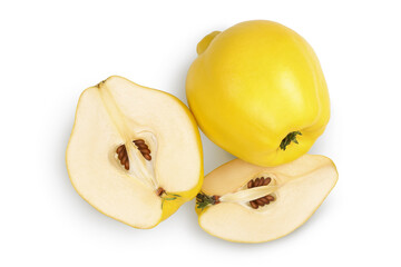 Fresh quince with half isolated on the white background with clipping path and full depth of field. Top view. Flat lay