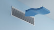 Ventilation grille and blue wall with arrow, 3d illustration