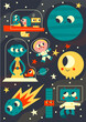 © Amir - Retro Space Illustration with Aliens, Astronauts, Comet, Satellite, Planet, Stars for Kids