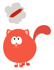 Wall Mural - Cat thinking of delicious sausage, illustration, vector on a white background.