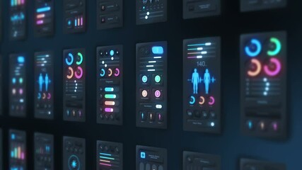 Hi tech panel of medical application on dark background. Medical and health concept. UI, UX, GUI mobile screens modern infographic. Loop animation.
