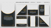 Set Of Editable Square Banner Template. Black And Gold Background Color With Luxury Line Badge. Suitable For Social Media Feed, Story, And Banner. Flat Design Vector With Photo Collage.