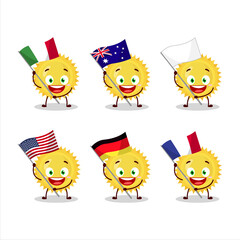 Wall Mural - Bright sun cartoon character bring the flags of various countries