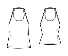 Canvas Print - Set of Tanks halter scoop neck tops technical fashion illustration with slim, oversized fit, waist length. Flat apparel outwear template front, white color. Women men unisex CAD mockup