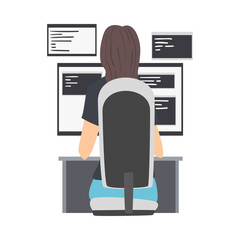 Woman Web Developer or Programmer Working In Front of Computer Screen Vector Illustration