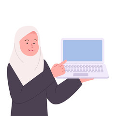 Wall Mural - Hijab Woman Pointing to Laptop Flat Illustration