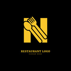 Initial letter N with spoon and fork for restaurant concept. letter N logo, fit for company and culinary business.