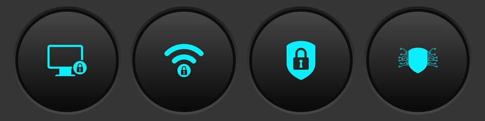 Set Lock on monitor, Wifi locked, Shield security with and Cyber icon. Vector.