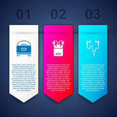 Sticker - Set Stereo speaker, Air headphones in box and . Business infographic template. Vector.