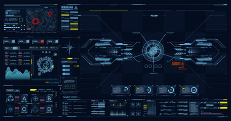 Fototapete - Advance HUD control center. Graphic Dashboard Head-up display and Futuristic User Interface GUI, UI. FUI. Virtual reality game screen interface template, mockup. Spyware app for tracking GPS. Vector