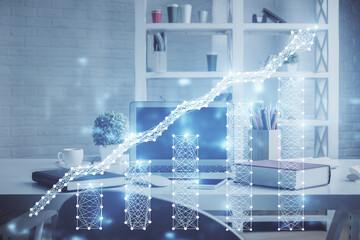 Double exposure of financial graph drawing and office interior background. Concept of stock market.