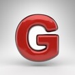 Letter G uppercase on white background. Red car paint 3D letter with glossy metallic surface.