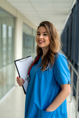 Wall Mural - Doctor in blue medical form with a stethoscope, holding a clipboard standing in hospital