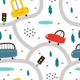 seamless pattern with cartoon cars, road, decor elements. Colorful vector flat style for kids. hand drawing. baby design for fabric, print, wrapper, textile