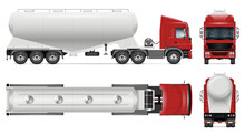 Dry Bulk Tanker Trailer Truck Vector Mockup On White For Vehicle Branding, Corporate Identity. View From Side, Front, Back, Top. All Elements In Groups On Separate Layers For Easy Editing And Recolor