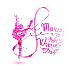Wall Mural - 8 march. Happy Women's Day! Silhouette of a dancing woman with ribbon of pink rose petals