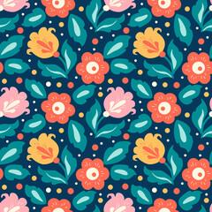 Wall Mural - vector seamless pattern with hand drawn different flowers, leaves, berries on a blue background. pattern for printing on fabric, clothing, wrapping paper. background for websites and applications
