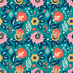 Wall Mural - vector seamless pattern with different flowers, leaves, berries on a turquoise background. pattern for printing on fabric, clothing, wrapping paper. background for websites and applications