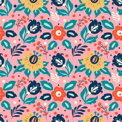Wall Mural - vector seamless pattern with different flowers, leaves, berries on a pink background. pattern for printing on fabric, clothing, wrapping paper. background for websites and applications