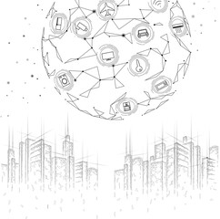 Wall Mural - Internet of things low poly smart city 3D wire mesh. Intelligent building automation IOT concept. Modern wireless online control icon urban cityscape technology banner vector illustration