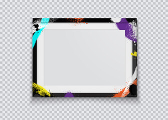 Realistic black photo frame painted with graffiti paint on a transparent background. Vector illustration.