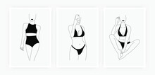 Abstract Female Figure Posters. Fashion Set Of Women Bodies In Lingerie,  Minimal Model Line Shapes. Boho Art, Vector Illustration