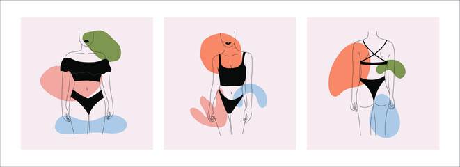 Wall Mural - Abstract women bodies. Fashion minimalist illustrations of line model characters, minimal female figure in lingerie. Vector art set