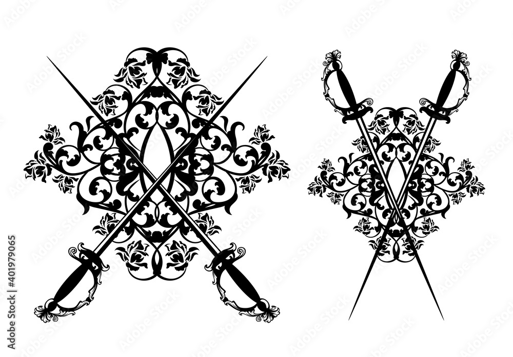 elegant crossed court swords with rose flowers heraldic decor black and ...