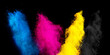 © stockphoto-graf - colorful CMYK cyan magenta yellow key holi paint color powder explosion isolated dark black background. printing print business industry manufacturing  beautiful party festival concept