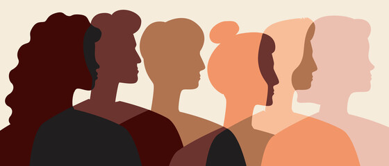 Wall Mural - People face silhouettes isolated, different skin color, flat vector stock illustration as ethnic group beauty concept