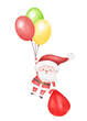 Flying Cute Santa Claus with big gift bag on balloons, Christmas watercolor illustration isolated on white background