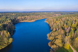 Fototapeta Perspektywa 3d - Autumn lake landscape with pine trees, aerial bird-eye view