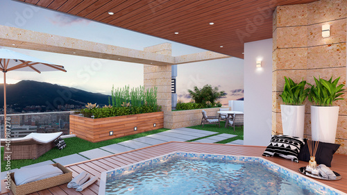 Jacuzzi en terraza de un edificio, 3d render