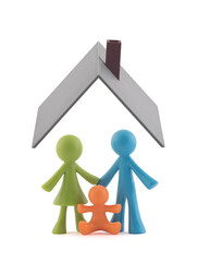 Poster - Colorful family figurines covered by house roof on white background