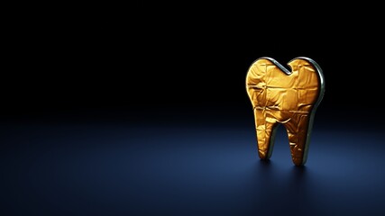 Wall Mural - 3d rendering symbol of tooth wrapped in gold foil on dark blue background