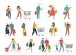 © YummyBuum - Shopping cartoon people. Man, woman and families with shopping bags in mall, supermarket and grocery. Couples and parents with kids buying gifts in shop flat vector isolated cartoon set
