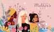 Mothers day. Women portraits with bouquets flowers, spring and love inspiration cartoon poster, multinational beautiful young moms. Vector illustration for postcard or greeting card