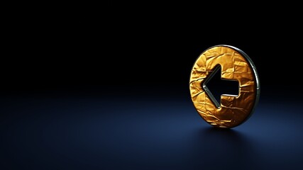 3d rendering symbol of left arrow in circle wrapped in gold foil on dark blue background