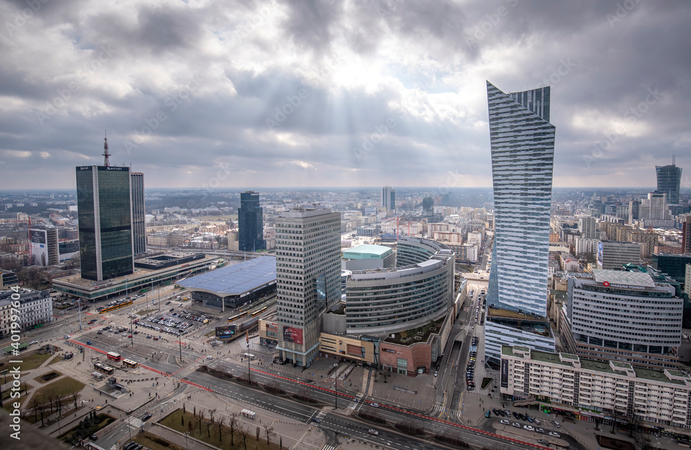 WARSAW, POLAND. Aerial view with Zlote tarasy, Zlota 44 skyscraper, Warsaw Towers, InterContinental Hotel, Warsaw Financial Center - skyscrapers panorama from The Palace of Culture - obrazy, fototapety, plakaty 