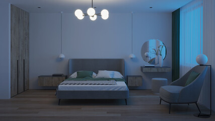 Wall Mural - Modern bedroom interior. Night. Evening lighting. 3D rendering.