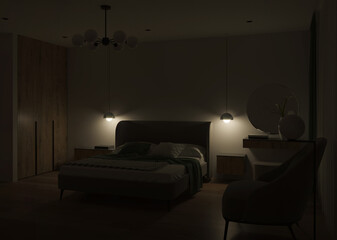 Wall Mural - Modern bedroom interior. Night. Evening lighting. 3D rendering.