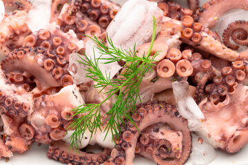 Wall Mural - octopus boiled on white tray with dill