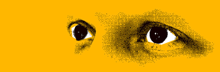 Wall Mural - Looking eyes 8 bit dotted design style vector abstraction, human face stylized design element, black and yellow colors.