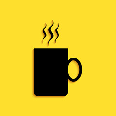 Wall Mural - Black Coffee cup flat icon isolated on yellow background. Tea cup. Hot drink coffee. Long shadow style. Vector.