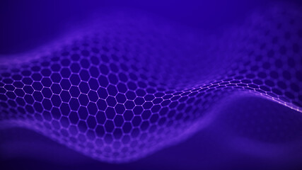 Abstract hexagon wave with moving dots. Flow of particles. Cyber technology illustration. 3d rendering